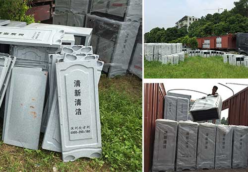  欣方圳仿大理石垃圾桶廠家為清遠高校送貨上門。